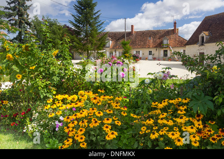 Garden and farm of Paulette Basset in Villegouin (France, Indre), flower bed with dahlias, Rubeckia, sunflower Stock Photo