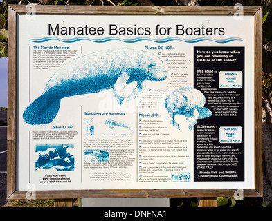 A sign describes the Florida manatee, an endangered species, and how boaters can avoid harming them with their boats in the waterways of Florida, USA. Stock Photo