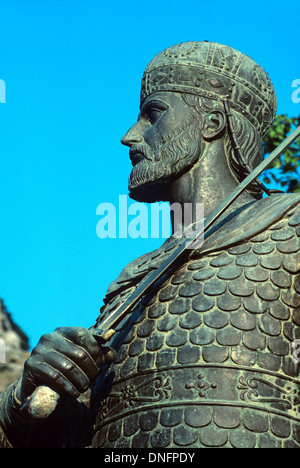 Statue of Last Roman & Byzantine Emperor Constantine XI Palaiologos (1404-1453) Wearing Armour & Holding Sword Mystras Greece Stock Photo