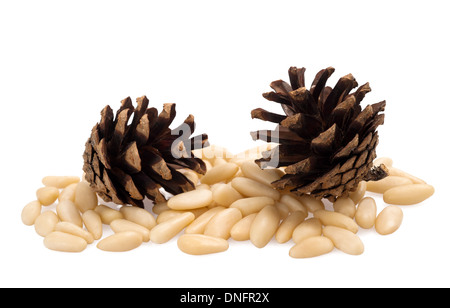 pine cones and pine nuts isolated on white Stock Photo