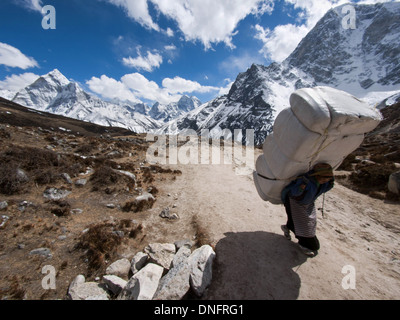 A Sherpa porter carries a large load uphill near Lobuche, Everest Base Camp Trek, Khumbu Region, Nepal. Stock Photo