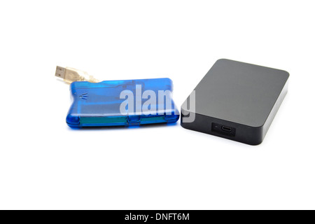 Black External Hard Drive Disk with Blue Card Reader Stock Photo