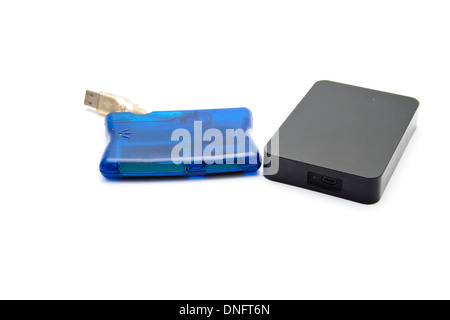 Black External Hard Drive Disk with Blue Card Reader Stock Photo