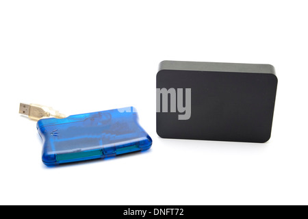 Black External Hard Drive Disk with Blue Card Reader Stock Photo