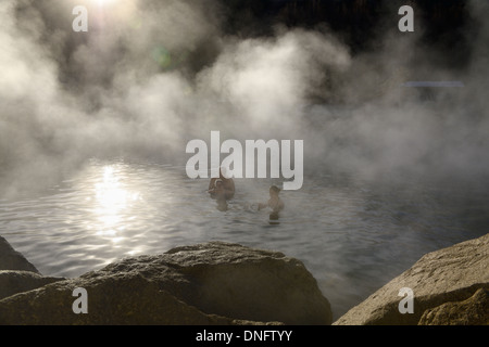 Tourists bathing in the hot outdoor pool with steam rising off of the Chena Hot Springs Alaska USA Stock Photo