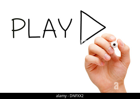 Hand sketching Play Concept with marker on transparent wipe board. Stock Photo