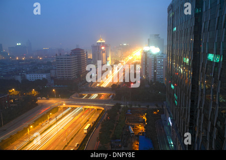 Beijing China,Chinese,Xicheng District,Guang An Men Nei Da Jie,Guanganmen Outer Street,night,aerial overhead view from above,traffic,buildings,China13 Stock Photo