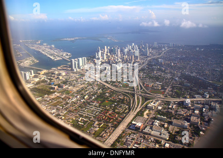 Miami Florida,FL,South,Miami Dade County,Miami International Airport,MIA,US Airways flight,window seat,aerial view,downtown,I-95,interstate highway,in Stock Photo