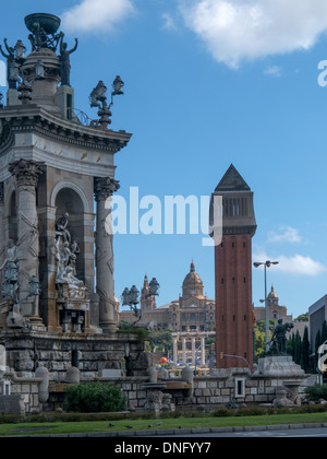 BARCELONA, SPAIN - SEPTEMBER 13, 2013:  The Central Fountain designed by Josep Maria Jujol in the Placa d'Espanya Stock Photo