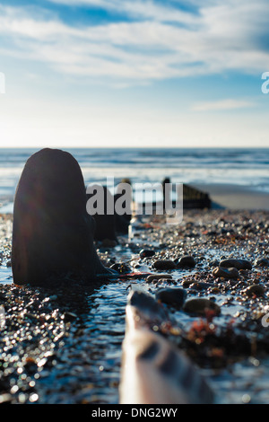 Boxing Day Sun shines on a groyne at Worthing. Picture by Julie Edwards Stock Photo