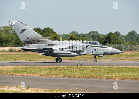 British Royal Air Force Panavia Tornado GR4 swing wing multi role fighter bomber arrives at Fairford for the RIAT