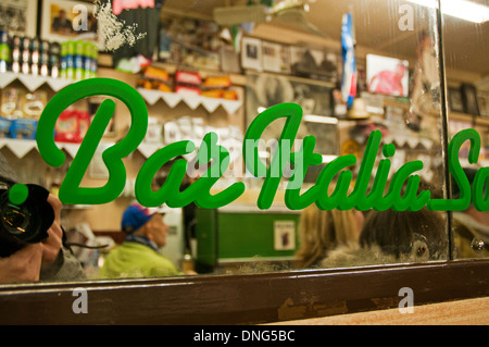 Interior view of historical Bar Italia cafe at the mirror,Dean street, Soho, London, United Kingdom Stock Photo