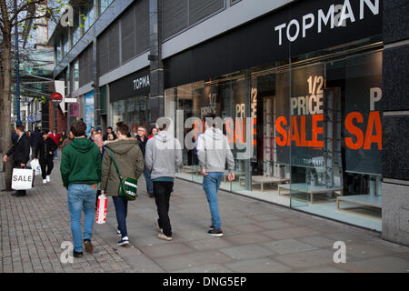New Year Manchester, UK 27th December, 2013.    Topman window display as Bargain-hunters got an early start as they flocked into Manchester city centre for the start of the sales. The shopping centre reported the average spend per customer is the highest the year has seen so far. Early indications have shown a promising start to the post-Christmas sales. The Arndale is a branded shopping centre and a lot of retailers are on sale all the time, out to sell at the best prices, so people can get the ‘ Manchester look’ for  less. Conrad Elias/Alamy Live News Stock Photo