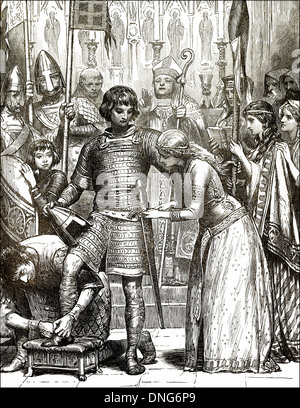 Illustration Of Initiation Into The Order Of Knighthood A Man Buckles ...