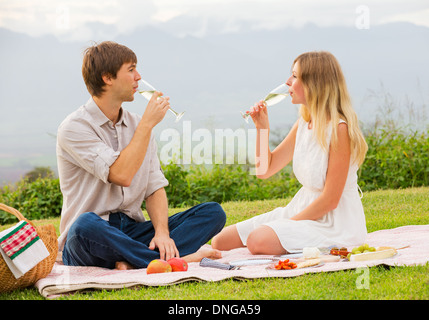 Attractive couple drinking champagne on romantic afternoon picnic in countryside Stock Photo
