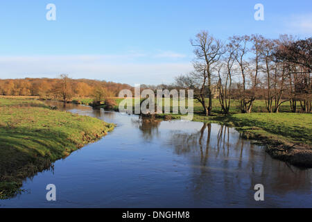 The River Wey at Ripley, Surrey, England, UK. 28th December 2013. After the storms across the UK over Christmas, Saturday was a calm and sunny day in Surrey. The water was very high and fast flowing on this part of The River Way near Newark Priory. Credit:  Julia Gavin/Alamy Live News Stock Photo