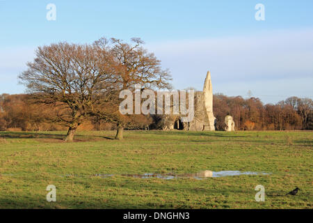 Newark Priory, Ripley, Surrey, England, UK. 28th December 2013. After the storms across the UK over Christmas, Saturday was a calm and sunny day in Surrey. The fields were partially flooded along The River Way near Newark Priory. Credit:  Julia Gavin/Alamy Live News Stock Photo