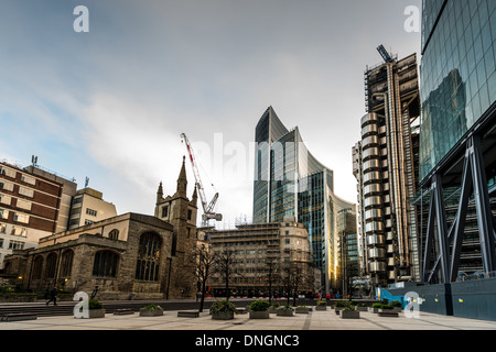 Lloyd's of London and the Willis Building, prominent insurance locations situated on Lime Street in the City of London Stock Photo