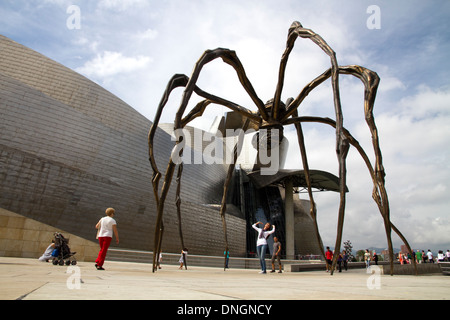 People visiting modern art Bilbao province of Biscay northern Spain. Spider art Guggenheim Museum. Stock Photo