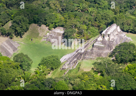 Aerial view of Xunantunich, Mara Ruins in the jungle of Belize Stock Photo