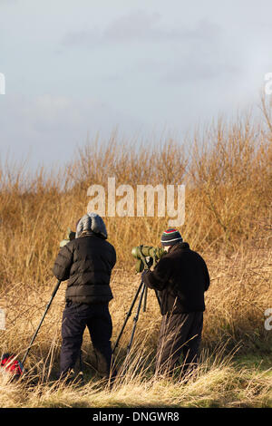 Birdwatching, or birding, birders, wildlife observation binoculars, scopes, optics, tripods at  Southport, Merseyside, UK. December, 2013.  Birdwatchers monitoring migratory species at RSPB Ribble Estuary Marshside reserve. Reports suggest some Waterbirds have shifted their wintering areas north-eastwards due to Europe's changing winter temperatures. A change that may have implications for their conservation,  because birds are making less use of the reserves that were designated to protect them. Many use Lancashire WWT reserves almost as a service station to rest and re-fuel for some we Stock Photo