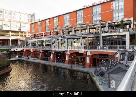 Restaurant, bars and cafes  that form part of the canalside area of the Mailbox shopping centre in Birmingham UK Stock Photo