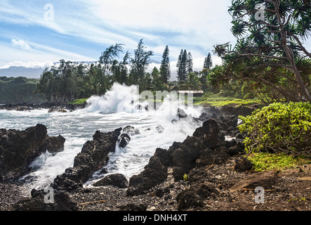 The rugged volcanic coast of the Keanae Peninsula in Maui. Stock Photo