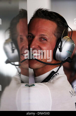 FILE: Abu Dhabi, United Arab Emirates. 02nd Nov, 2012. German Formula One driver Michael Schumacher of Mercedes AMG seen in his teamgarage during the first practice session at the Yas Marina Circuit in Abu Dhabi, United Arab Emirates, 02 November 2012. The Formula One Grand Prix of Abu Dhabi will take place on 04 November 2012. Photo: Jens Buettner/dpa /dpa/Alamy Live News Stock Photo