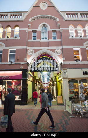 Thorntons Arcade in Leeds city centre high street at dusk Stock Photo