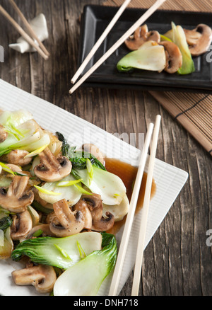 Stir fried bok choy with mushrooms Stock Photo