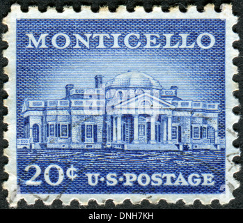 Postage stamp printed in USA, shows Monticello - the primary plantation of Thomas Jefferson, the third President of the USA Stock Photo
