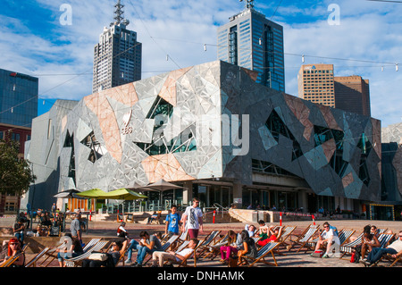 Federation Square, Melbourne, on a summer evening Stock Photo