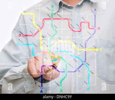 Man's Hand Pushing City Transport Map on Touch Screen Stock Photo
