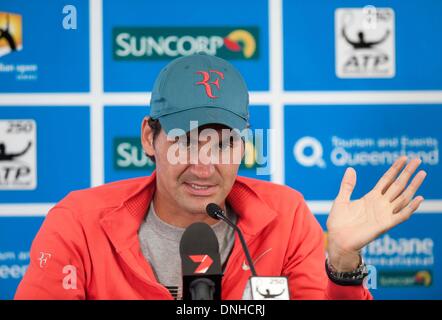 Brisbane, Australia. 30th Dec, 2013. Roger Federer of Switzerland speaks during the press conference at Queensland Tennis Centre in Brisbane, Australia, Dec. 30, 2013. Credit:  Bai Xue/Xinhua/Alamy Live News Stock Photo