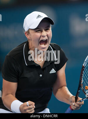 Brisbane, Australia. 30th Dec, 2013. Ashleigh Barty of Australia celebrates after winning her women's singles first round match against Daniela Hantuchova of Slovakia at Brisbane International tennis tournament in Brisbane, Australia, Dec. 30, 2013. Ashleigh Barty won 2-0. Credit:  Bai Xue/Xinhua/Alamy Live News Stock Photo