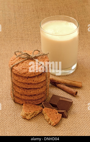 Oatmeal cookies, milk shake and chocolate pieces Stock Photo