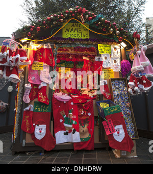 Market stall selling Christmas festive gifts, Liverpool, Merseyside. UK Stock Photo