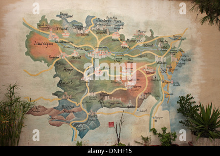 Map on the walls of Château l’Hospitalet vineyard near Narbonne showing wine regions of South West France Stock Photo