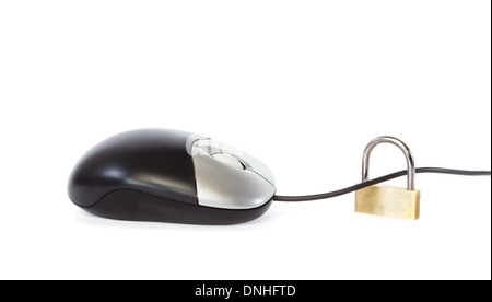 Secured computer mouse with padlock against white background Stock Photo