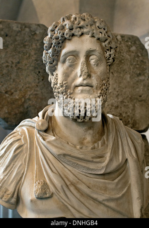Emperor Commodus (reign 180–192 AD) featuring deeply incised hair curls and a full curly beard, on display at the Glyptothek in Munich, Germany. Stock Photo