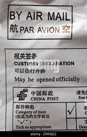 by Air Mail par avion customs declaration China post information on parcel Stock Photo