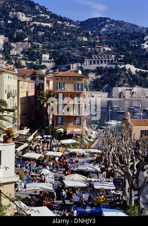 Market day at Villefranche-sur-Mer,  Alpes-Maritimes department in the Provence-Alpes-Côte d'Azur region on the French Riviera Stock Photo