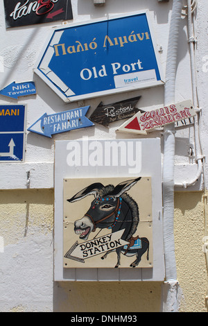 Donkey Station sign in the Greek town of Fira on the island Santorini (Thira) Stock Photo