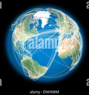 Planet Earth with connections between cities and continents representing global airline networks. Elements of this image furnished by NASA Stock Photo