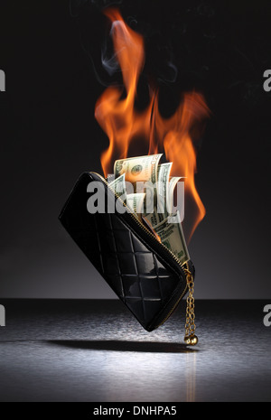 A brown leather wallet filled with credit cards and money on fire. Stock Photo