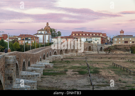 Gothic bridge, at Hospital de Orbigo, and the jousting park; a historic site on the Camino to Santiago de Compostela, Spain Stock Photo