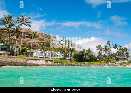 Oceanfront houses and seawalls, Lanikai Beach, Kailua Bay, Oahu, Hawaii, USA Stock Photo