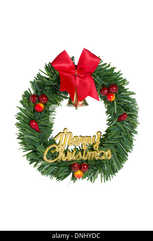 Green Christmas wreath red ribbon isolated on white. Stock Photo