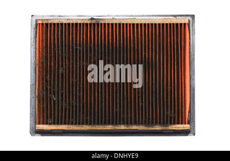 Dirty air filter auto spare part isolated on white. Stock Photo