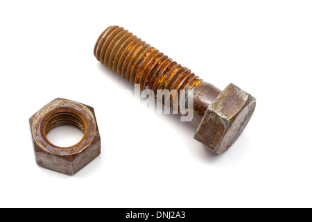 Rusty nut and bolt isolated on white background Stock Photo